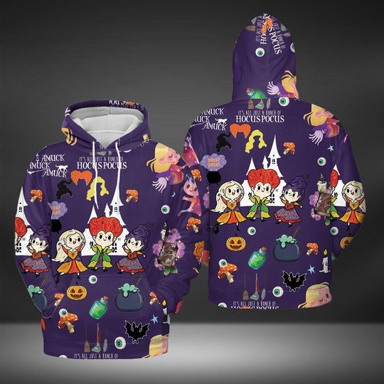 Chibi Hocus Pocus 3D Hoodies, Halloween Witch Hoodies, Sanderson Sisters Hoodies
