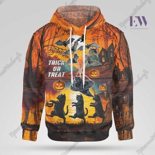 Discover Halloween Black Cat Hoodie, Cute Cat Spooky Hoodie, Trick Or Treat Shirt