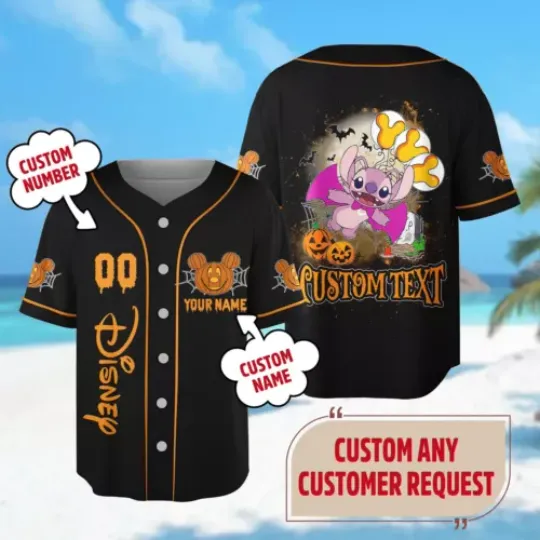 Discover Personalized Angel Lilo & Stitch Horror Pumpkin Halloween Baseball Jersey Shirt