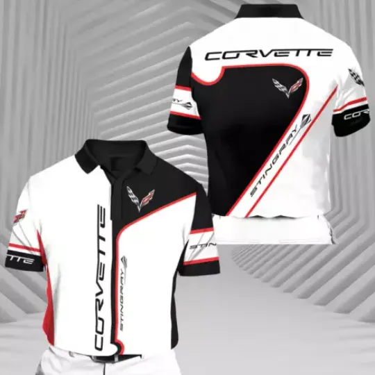 Discover Corvette C7 Logo White Black Racing Polo Shirt