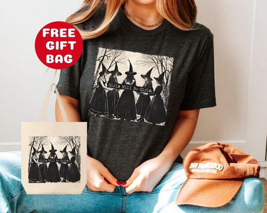 Discover Retro Girls Will Be Girls Halloween Witch Shirt, Witch T-shirt, Halloween Women Shirt, Witchy Vibes Shirt, Gift for Women, Funny Witch Tee