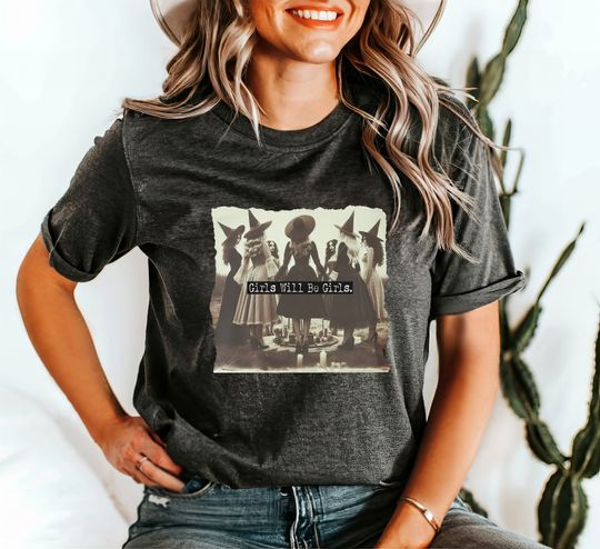 Discover Retro Girls Will Be Girls Witch Shirt, Funny Witch Vintage Shirt, Vintage Halloween Women Shirt, Witchy Vibes Shirt, Witch Shirt