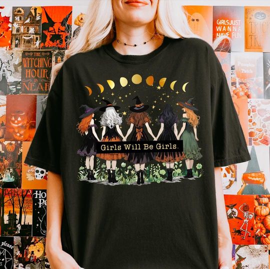Discover Halloween Girls Will Be Girls Witch Shirt, Funny Witch Sweatshirt, Spooky Season Womens Sweater, Witchy Vibes T-shirt, Halloween Party Tee