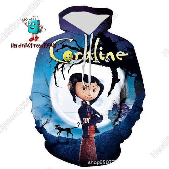 Discover Halloween Coraline 3D Hoodie, Horror Coraline Cartoon Hoodies, Spooky Season Hoodie