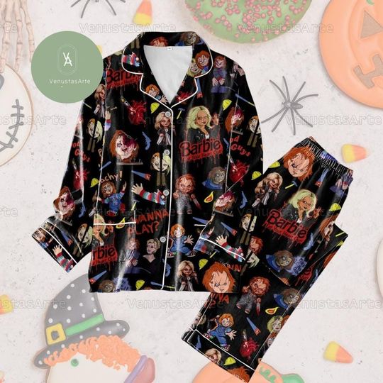 Chucky And Tiffany Pajamas, Chucky Tiffany Pajamas Pants, Chucky Tiffany Holiday Pajjamas, Chucky Couple Pajamas, Chucky Pajamas Set
