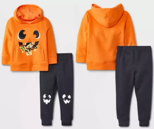 Toddler Boys Halloween Pumpkin Candy Fleece Hoodie &Jogger pant Set Glow in Dark