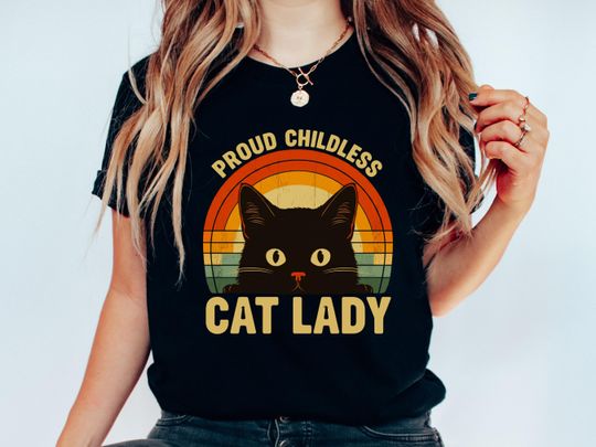 Discover Proud Childless Cat Lady Shirt | Funny Election 2024 Tee for Cat Lovers & Reproductive Rights Supporters