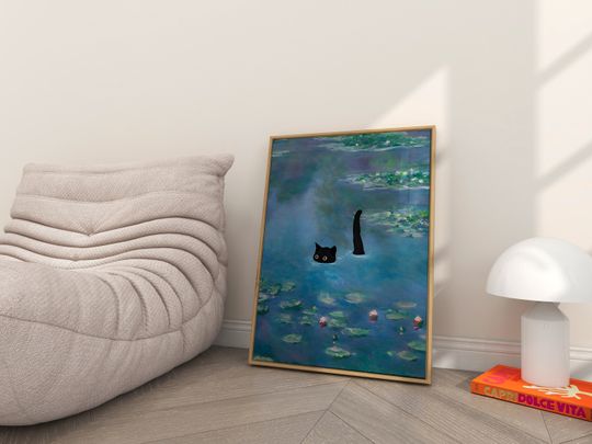 Discover Cat Print Monet Water Lily Poster | Cat Lover Gift | Funny Cat Poster