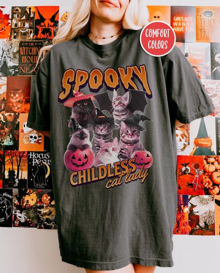 Discover Spooky Childless Cat Lady Shirt Kamala Harris Shirt Childless Cat Ladies Halloween Spooky Cat Shirt Bootleg Rap Tee Democrat Feminist Shirt