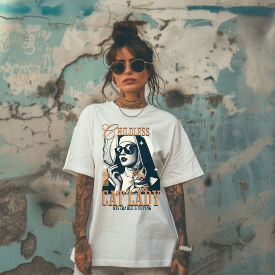 Discover Childless Cat Lady Shirt, Feminist Shirt, democrat tshirt Pro choice shirt, 2024 election, cat lady shirt, Childless Cat Lady Smoking Nun