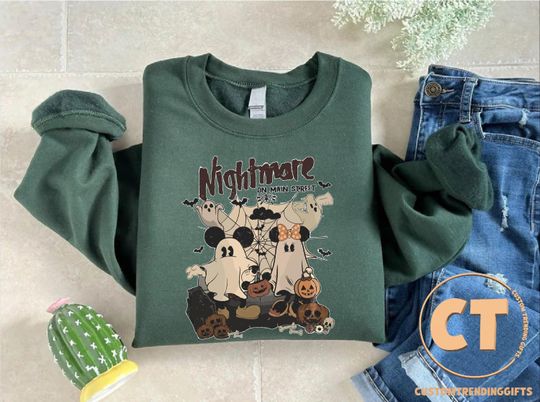 Discover Nightmare On Main Street Sweatshirt, Spooky Mickey and Minnie Sweater, Halloween Disney Gift Sweater, Ghost Mickey and Minnie Sweatshirt