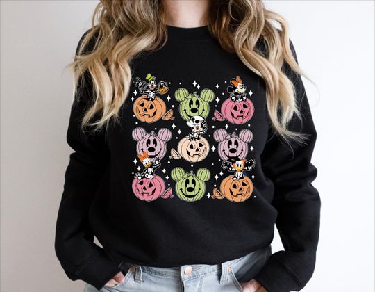 Discover Mickey and Friends Halloween Sweatshirt, Disney Skeleton Halloween Pumpkin Sweatshirt, Mickey Pumpkin Sweatshirt