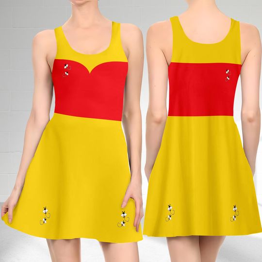 Pooh Bear 3D Cosplay Costume Skater Dress, Winnie The Pooh And Dress, Bear Winnie The Pooh Mom Daughter Dress, Pooh Bear Dress Gift