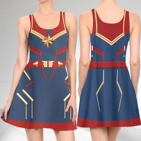 Captain Women 3D Cosplay Costume Skater Dress, Superhero Movie And Dress, Captain Women Mom Daughter Dress, Captain Dress Gift