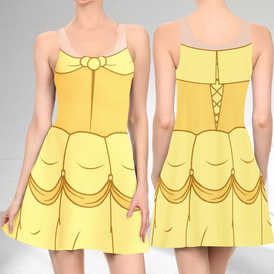 Belle Princess 3D Cosplay Costume Skater Dress, Beauty And The Beast And Dress, Belle Beauty Princess Mom Daughter Dress, Princess Dress