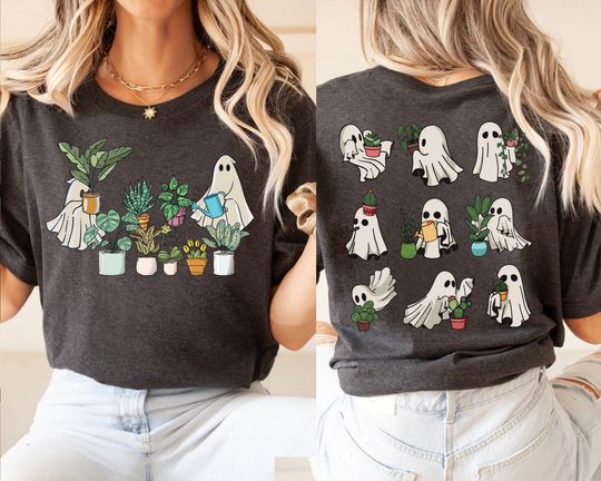 Discover Ghost Plant T-Shirt, Ghost Watering Flowers Shirt, Halloween Cute Ghost Tee, Gardening Ghost Shirt For Halloween, Funny Halloween Tee