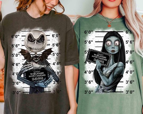 Vintage Jack Skellington and Sally Mugshot Couple Shirt, Nightmare Before Christmas tee, Oogie Boogie Bash 2024 Family Holiday Trip