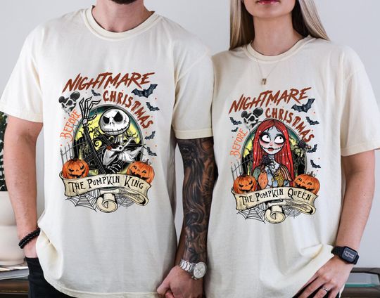 Vintage Nightmare Before Christmas Couple Shirt, Jack and Sally Disney Halloween Shirt, Disney Skeleton Tee, Halloween Couple Gift
