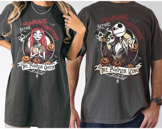 Vintage The Nightmare Before Christmas Jack Sally Couple Disney Halloween Shirt, Jack Skellington The Pumpkin King, Zero Sally Pumpkin Queen