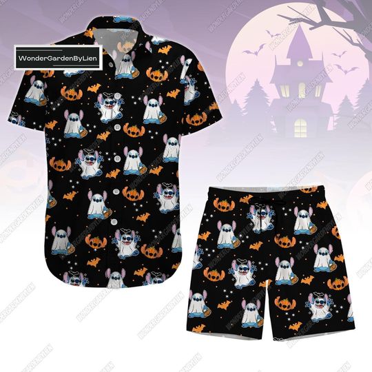 Discover Halloween Stitch Ghost Hawaii Shirt Short, Stitch Cute Fall Button Shirt, Stitch Pumpkin Short Man, Spooky Season, Disneyland Horror Gi