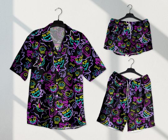 Gengar Hawaiian Shirt Gengar Button Up Shirt Summer Hawaiian Set Gift Gengar Summer Vacation Shorts Tropical Beach Outfits Gifts