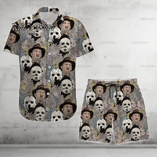 Discover Halloween Horror Characters Button Shirt And Shorts, Michael Myers Jason Voorhees Freddy Krueger Hawaiian Shirt, Scary Movie Shirt