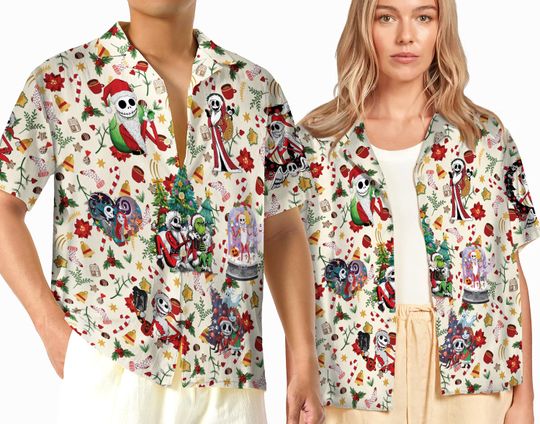 Discover Nightmare Before Christmas Hawaiian Shirt, Jack and Sally Christmas Shirts, Button Up Shirt, Mickey's Very Merry Xmas Shirt