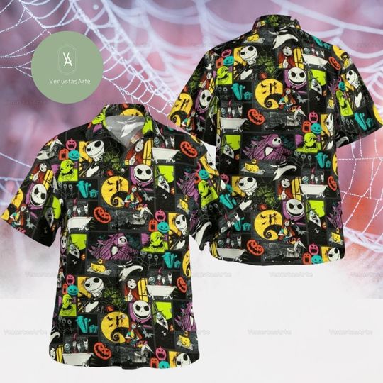 Nightmare Before Christmas Hawaiian Shirt, Oogie Boogie Button Shirt, Jack And Sally Shirt, Lock Shock Barrel Shirt, Gift For Halloween