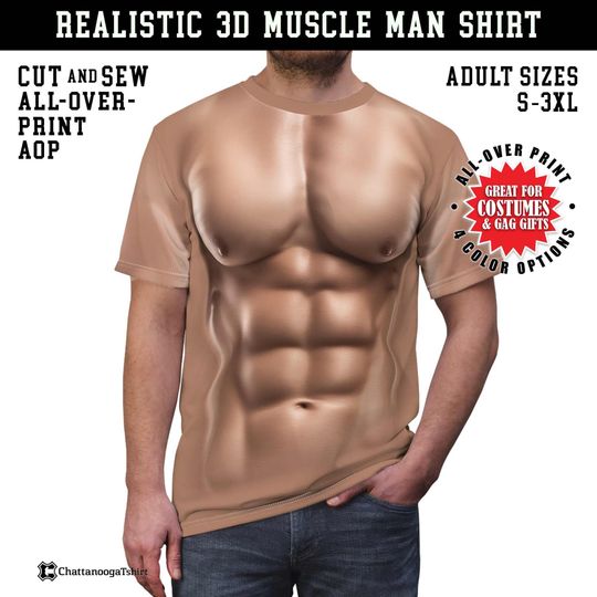 Tan 3D Muscle Man Gag T-Shirt Realistic Chest and Six-Pack Abs Print