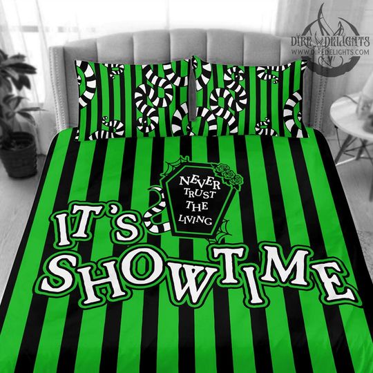 Discover Striped Gothic Bedding Set | Spooky Chic Duvet Cover | Supernatural Bedroom Decor |'It's Show Time' Bedding  |Never Trust the Living