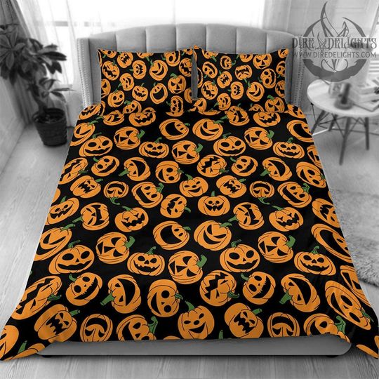 Jack-o'-lantern Bedding Set,Halloween Pumpkins Bedding, Witchcraft,Black Orange Striped Duvet Cover Pillow Cases,Happy Halloween Bed