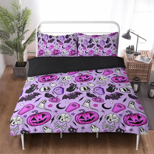 Discover Spooky Cute Halloween Duvet Cover Bedding Set, Spooky Duvet Cover Set, Halloween Duvet Cover Set, Pastel Kawaii Goth Spooky Cute Bedding