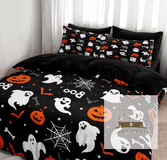 Discover Cute Halloween Duvet Cover, Pumpkin Ghost Cat Comic-Style Printed 3-Piece Bed Sheets Set, Halloween-Style Pillow Cushion Covers, Home Decor