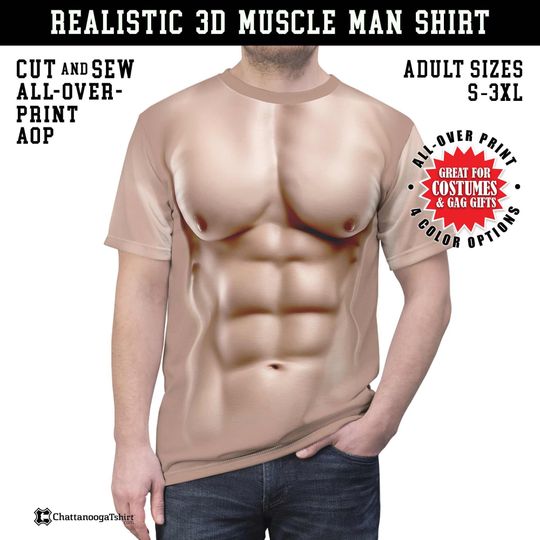 Discover 3D Strong Muscle Man Costume T-Shirt - Shirtless Realistic Chest and Six-Pack Abs