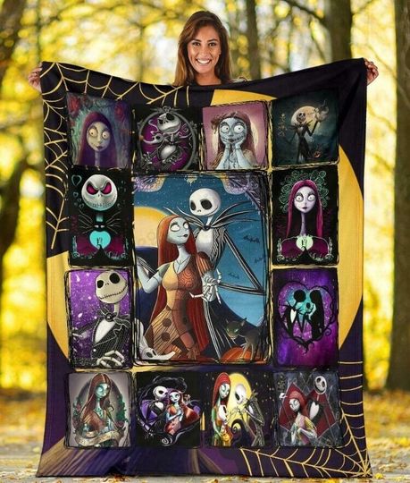 Jack and Sally Fleece Blanket, The Nightmare Before Christmas Blanket, Jack Skellington Animated Blanket, Halloween Couples Spooky Season
