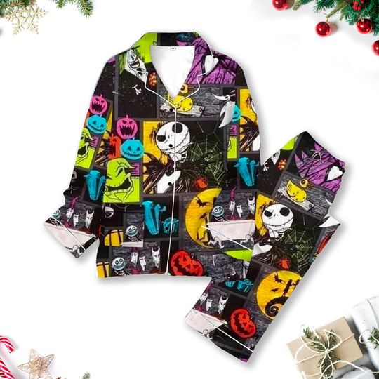 Discover Nightmare Before Christmas Pajamas Set, Jack And Sally Pajamas, Jack Skellington Pajamas Christmas Gift, Horror Halloween Family Shirt