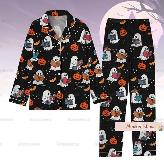 Halloween Pajamas, Halloween Women Pajamas, Ghost Reading Book Pajamas Set, Pumpkin Pj Set, Fall Pajamas, Spooky Season Gift