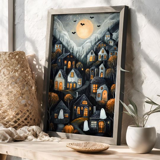 Halloween Town Folk Art Print Halloween Ghost Wall Art, Halloween Pumpkin Vintage Art