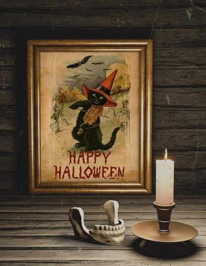 Discover Halloween Vintage Cat Playing Violin Art Print, Vintage Halloween, Halloween Cat Art