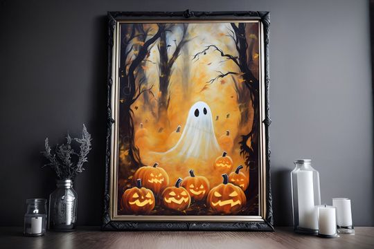 Discover Ghost and Jack O Lanterns, Halloween Print, Vintage Poster, Art Poster Print