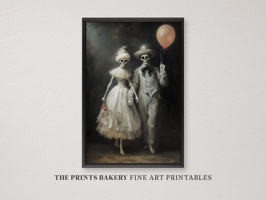Discover PRINTABLE Halloween Wall Art, Victorian Skeleton Couple Painting