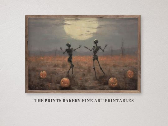 PRINTABLE Halloween Vintage Wall Art, Skeletons Dancing with Pumpkins Print