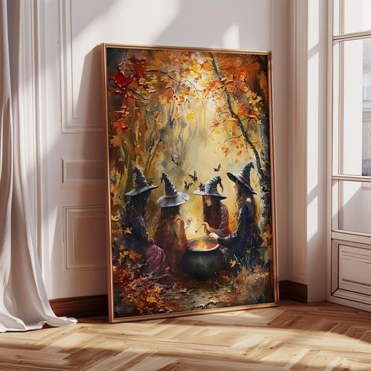 Witchy halloween wall art| Witchs Coven Gathering preparing potion