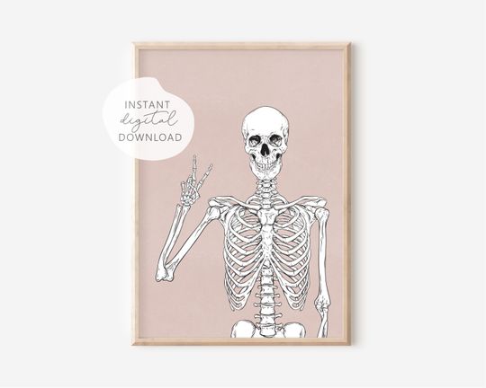 Discover Skeleton print, pink Halloween print, Halloween printable wall art, Halloween print