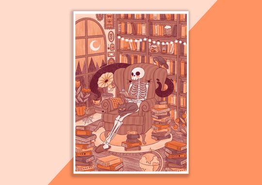 Discover Skully The Book Loving Skeleton Art Print | Poster, Digital Illustration, Artwork