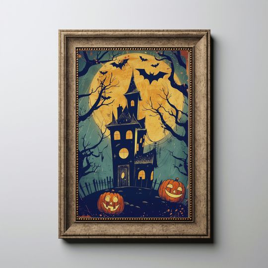 Discover Halloween printable wall art Haunted Halloween house print Vintage Halloween poster
