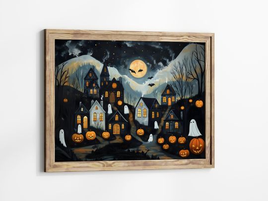 Halloween Town Folk Art Print Halloween Ghost Wall Art, Halloween Pumpkin Vintage Art