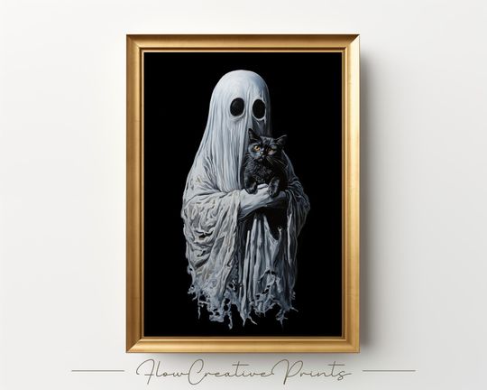 Discover Ghost Holding Black Cat - Quirky and Moody Romantic Halloween
