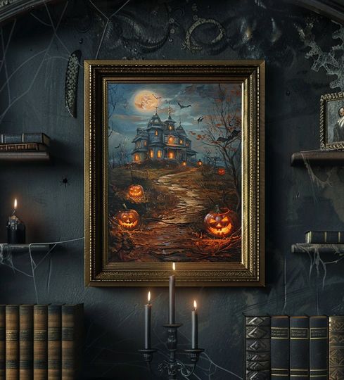 Printable Halloween Vintage Halloween print Haunted House Painting Halloween
