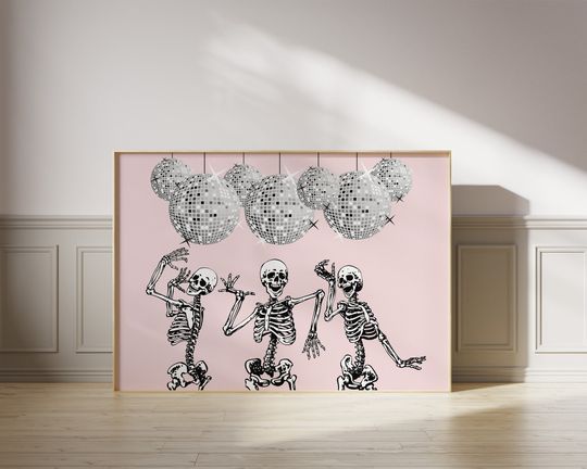 Discover Halloween Printable, Dancing Skeletons Print, Disco Ball Wall Art, Horizontal Print